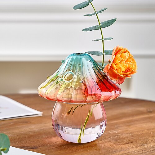 Joli vase en verre champignon coloré, vase hydroponique transparent pour la décoration de la maison, peinture en aérosol colorée, artisanat adapté à la décoration de bureau dans les salons,
Joli vase en verre champignon coloré, vase hydroponique transparent pour la décoration de la maison, peinture en aérosol colorée, artisanat adapté à la décoration de bureau dans les salons,