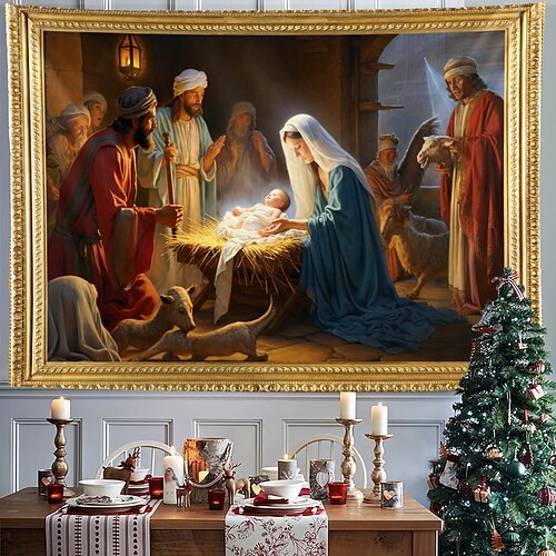 

Christmas Nativity Scene Jesus Baptism Hanging Tapestry Wall Art Xmas Large Tapestry Mural Decor Photograph Backdrop Blanket Curtain Home Bedroom Living Room Decoration