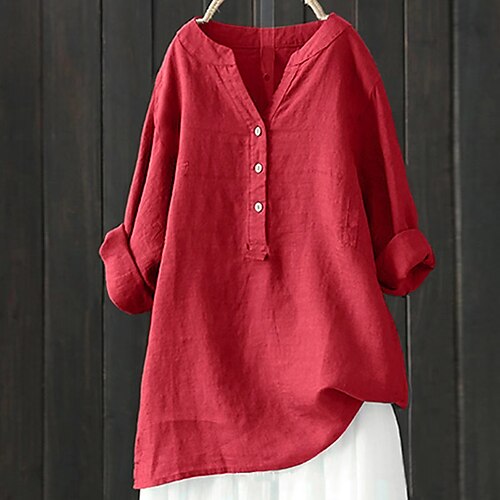 

Women's Shirt Blouse Long Cotton Top Linen Plain Button Casual Daily Fashion Daily Basic Long Sleeve V Neck Black Spring & Fall