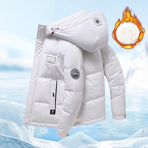 

Men's Winter Coat Puffer Jacket Quilted Jacket Padded Hooded Leisure Sports Going out Windproof Fall & Winter Solid / Plain Color White Puffer Jacket