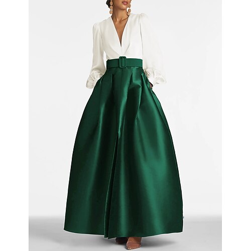 

A-Line Satin Green Dress Formal Wedding Guest Dress Elegant Evening Gown High Split Pocket Long Sleeve Floor Length Color Block V Neck Belt With Pleats Slit 2024