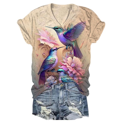 

Women's T shirt Tee Floral Bird Holiday Weekend Print Purple Short Sleeve Fashion V Neck Summer
