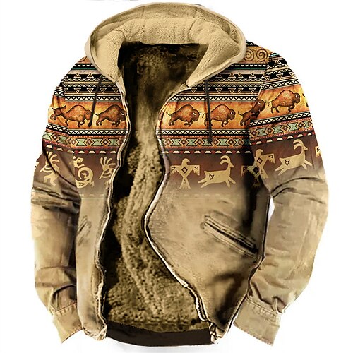 

Christmas Buffalo Jacket Mens Graphic Hoodie Tribal Daily Classic Casual 3D Print Fleece Outerwear Holiday Vacation Going Hoodies Light Brown Blue Native American Winter Leather