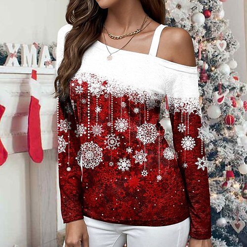 Damen T Shirt Weihnachts-Shirt Rote Blau Grün Schneeflocke Bedruckt Langarm Weihnachten Wochenende Fest / Feiertage Diagonaler Hals Regular Fit Farbe Frühling Herbst
Damen T Shirt Weihnachts-Shirt Rote Blau Grün Schneeflocke Bedruckt Langarm Weihnachten Wochenende Fest / Feiertage Diagonaler Hals Regular Fit Farbe Frühling Herbst