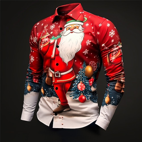

Santa Claus Tree Casual Men's Shirt Daily Wear Going out Fall & Winter Turndown Long Sleeve Dark Red, Red, Burgundy S, M, L 4-Way Stretch Fabric Shirt