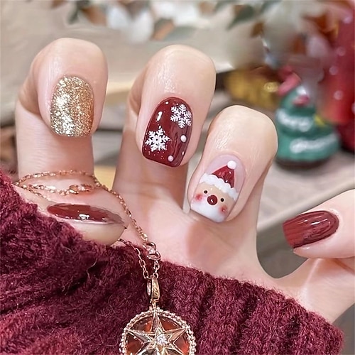 

Рождественский пресс на ногтях, короткий квадрат с милым дизайном снежинок, красные накладные ногти, рождественские накладные ногти, полное покрытие кончиков ногтей, золотой блеск, рождественские