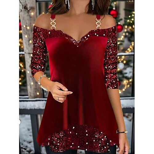 

Women's T shirt Tee Velvet Sparkly Black Red Blue Sequins Long Sleeve Party Weekend Festival / Holiday V Neck Regular Fit Spring & Fall