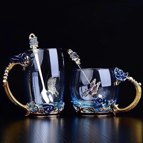 

1 шт. стеклянная чашка, хрустальная чашка для чая с розовой эмалью, кофейная кружка, стакан, стакан с бабочкой и розой, чашки для воды с цветами, прозрачное стекло с набором ложек