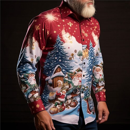 

Santa Claus Casual Men's Shirt Daily Wear Going out Fall & Winter Turndown Long Sleeve Red, Burgundy, Blue S, M, L 4-Way Stretch Fabric Shirt