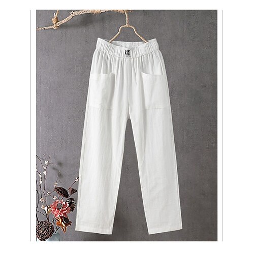 

Women's Slacks Baggy Cropped Pants Linen Plain Pocket Baggy Ankle-Length Micro-elastic Mid Waist Streetwear Casual Vacation Casual Daily Black White S M Summer Spring