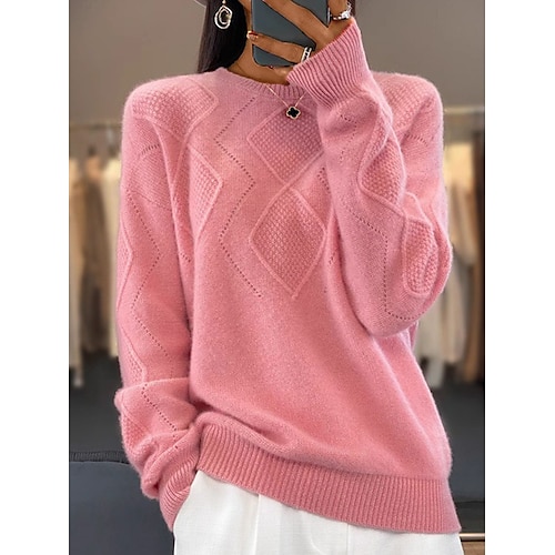 

Women's Pullover Sweater Jumper Crew Neck Ribbed Knit Wool Knitted Fall Winter Regular Outdoor Daily Holiday Fashion Streetwear Casual Long Sleeve Solid Color Pink Camel Beige S M L