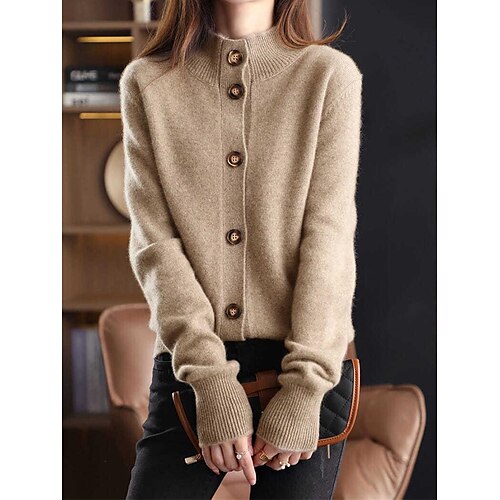 

Women's Cardigan V Neck Ribbed Knit Acrylic Button Fall Winter Regular Outdoor Daily Going out Stylish Casual Soft Long Sleeve Solid Color Black Navy Blue Camel S M L