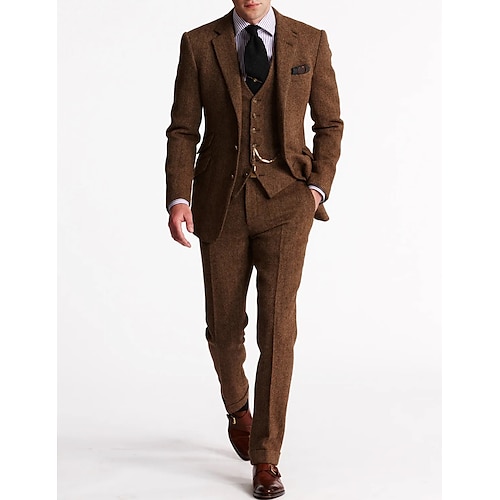 

Men's Tweed Herringbone Suits 3 Piece Vintage Retro Plus Size Solid Colored Tailored Fit Single Breasted Two-buttons Brown Burgundy Dark Navy Green Fall/Winter 2024