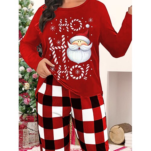 

Women's Christmas Pajama Top Letter Santa Claus Warm Comfort Home Daily Spandex Crew Neck Fall Winter Black Red