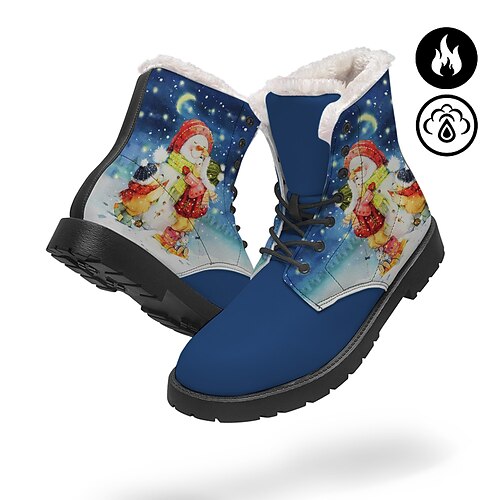 Botas de nieve cálidas con cordones y muñeco de nieve navideño para mujer, bonito estampado gráfico, forro polar de cuero artificial azul, con cordones
Botas de nieve cálidas con cordones y muñeco de nieve navideño para mujer, bonito estampado gráfico, forro polar de cuero artificial azul, con cordones