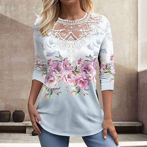 Women's T shirt Tee Pink Blue Khaki Floral Lace Print Long Sleeve Holiday Weekend Fashion Round Neck Regular Fit Floral Painting Spring Fall
Women's T shirt Tee Pink Blue Khaki Floral Lace Print Long Sleeve Holiday Weekend Fashion Round Neck Regular Fit Floral Painting Spring Fall