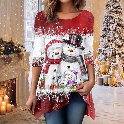 

Christmas Shirt Women's T shirt Tee Snowman Snowflake Yellow Pink Red Print Flowing tunic Long Sleeve Party Christmas Weekend Festival / Holiday Round Neck Regular Fit Spring & Fall