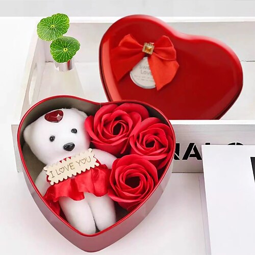 

1шт жестяная коробка в форме сердца 3 медвежонка роза мыло цветок подарочная коробка qixi подарок на день Святого Валентина имитация цветов праздничные подарки для мам друзей подарки на день рождения