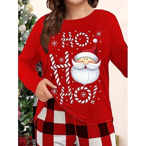 

Women's Christmas Pajama Top Letter Santa Claus Warm Comfort Home Daily Spandex Crew Neck Fall Winter Black Red