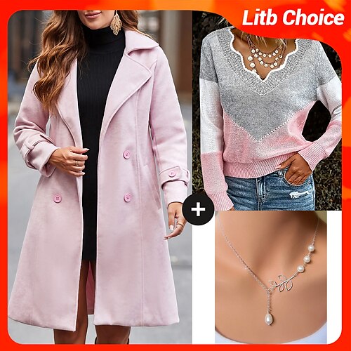 

Women's Overcoat Sweater Necklace Set Double Breasted Laple Long Coat Pullover Sweater Jumper Set Warm Elegant Lady Outfit