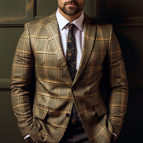 

Men's Cocktail Attire Blazer Plaid Suit Business Formal Evening Wedding Party Fashion Casual Spring & Fall Polyester Plaid / Check Geometic Pocket Casual / Daily Single Breasted Two-button Blazer