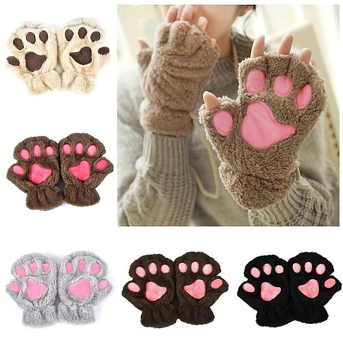 

Милые плюшевые перчатки с кошачьими лапами, зимние теплые перчатки с кошачьими когтями на полпальца, утолщенные мягкие короткие перчатки с сенсорным экраном