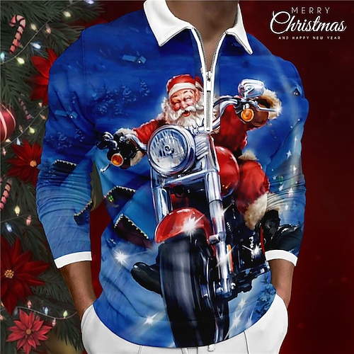 

Santa Claus Men's Abstract Print 3D Zip Polo Golf Polo Outdoor Casual Daily Streetwear Christmas Polyester Long Sleeve Turndown Zip Polo Shirts Navy Blue Blue Fall & Winter S M L Lapel Polo