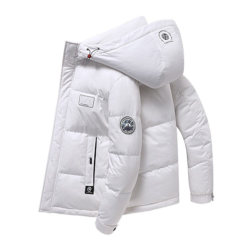 

Men's Winter Coat Puffer Jacket Quilted Jacket Padded Hooded Leisure Sports Going out Windproof Fall & Winter Solid / Plain Color White Puffer Jacket