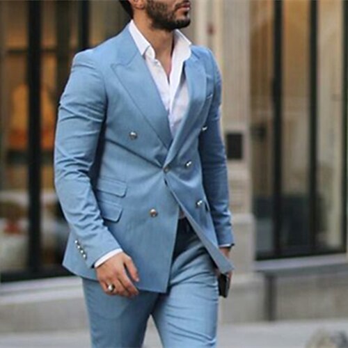 

Blue Men's Wedding Suits Solid Colored 2 Piece Daily Plus Size Double Breasted Six-buttons 2023