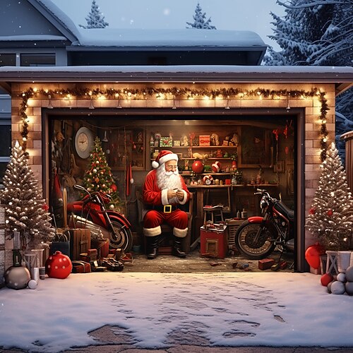 

Christmas Outdoor Garage Door Cover Santa Xmas Door Banner Santa Claus Snowman Large Door Mural Christmas Backdrop Decoration for Holiday Home Wall Decorations