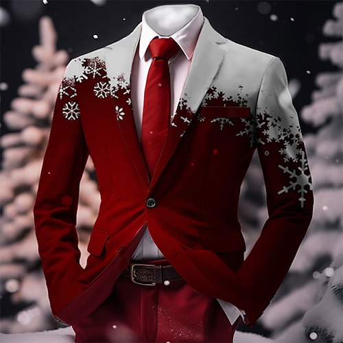 

Snowflake Business Men's Coat Blazer Christmas Work Wear to work Fall Winter Turndown Long Sleeve Wine Dark Navy Green S M L Polyester Weaving Jacket