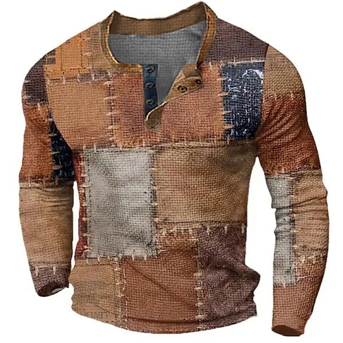 

Graphic Color Block Patchwork Fashion Designer Casual Men's 3D Print Henley Shirt Waffle T Shirt Sports Outdoor Holiday Festival T shirt Yellow Blue Brown Long Sleeve Henley Shirt Spring & Fall