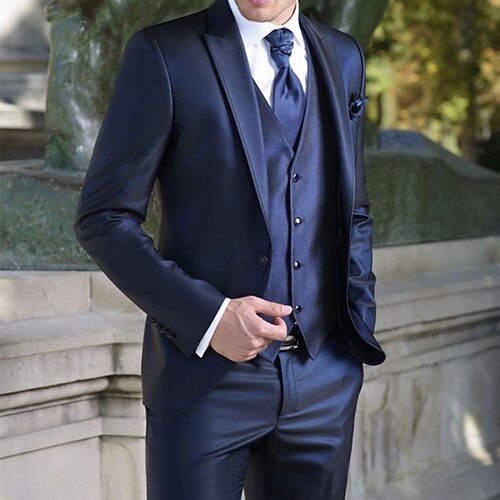 

Dark Navy Gray Satin Men's Wedding Party Suits Solid Colored 3 Piece Tailored Fit Single Breasted Two-buttons 2023