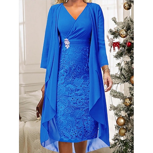 

Women's Two Piece Dress Set Lace Dress Casual Dress Chiffon Dress Going out Elegant Casual Lace Midi Dress V Neck Long Sleeve Plain Regular Fit Wine Blue Fall Winter S M L XL XXL