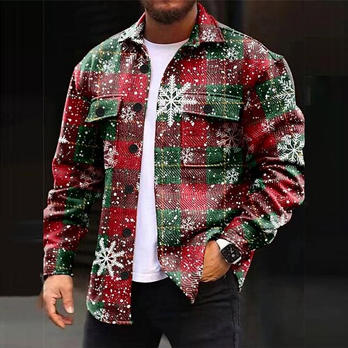 

Рождественские рубашки в клетку со снежинкой, повседневная мужская рубашка, куртка, куртка, уличная рождественская уличная осень& зимняя отложная зеленая рубашка с длинными рукавами S M L