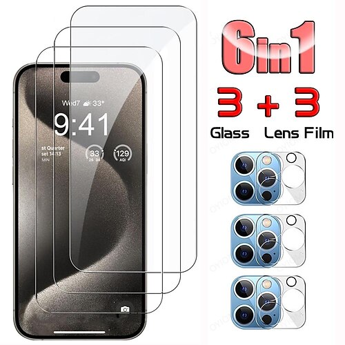 

3 3 pacotes projetados para iphone 15 14 13 12 11 pro max 15 14 plus 12 13 mini protetor de tela 3 pacotes de vidro temperado hd com 3 pacotes de capa protetora de lente de câmera amigável 9h dureza