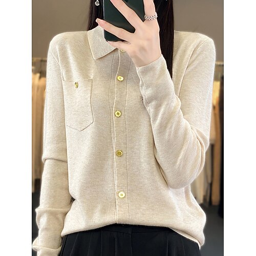 

Women's Cardigan Shirt Collar Ribbed Knit Wool Button Pocket Knitted Fall Winter Regular Outdoor Daily Going out Fashion Streetwear Casual Long Sleeve Solid Color off white Black White S M L
