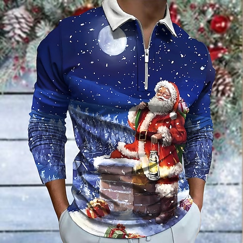 

Santa Claus Men's Casual Print 3D Zip Polo Golf Polo Outdoor Casual Daily Streetwear Christmas Polyester Long Sleeve Turndown Zip Polo Shirts Navy Blue Royal Blue Fall & Winter S M L Lapel Polo