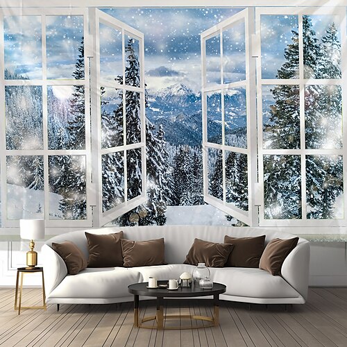 

Snow Window View Landscape Hanging Tapestry Wall Art Mountain Large Tapestry Mural Decor Photograph Backdrop Blanket Curtain Home Bedroom Living Room Decoration
