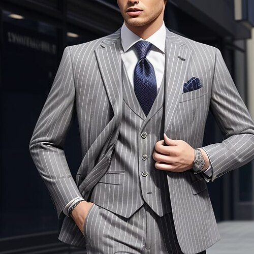 Costumes de mariage gris clair pour hommes, 3 pièces rayés, coupe slim, simple boutonnage, deux boutons, 2023
Costumes de mariage gris clair pour hommes, 3 pièces rayés, coupe slim, simple boutonnage, deux boutons, 2023