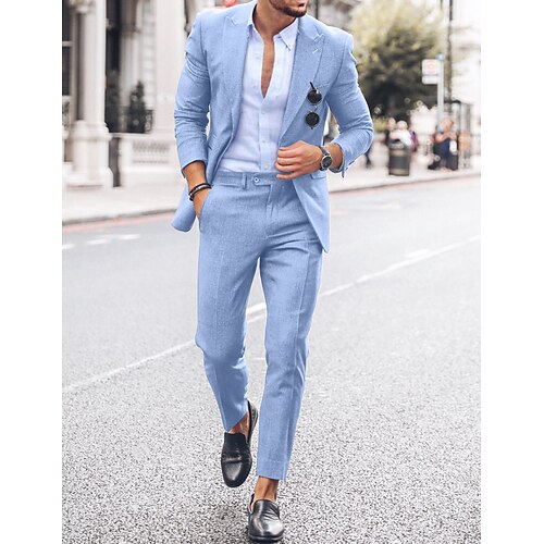 

Dark Khaki Pink Sky Blue Men's Beach Wedding Linen Suits Solid Colored 2 Piece Fashion Casual Tailored Fit Single Breasted One-button 2023