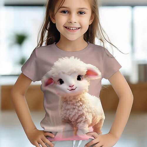 

Camiseta 3D para meninas rosa manga curta estampa 3D verão primavera moda ativa fofa poliéster crianças de 3 a 12 anos gola redonda ao ar livre casual diário ajuste regular