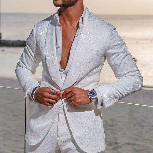 

White Men's Wedding Prom Suits Paisley Jacquard Floral 3 Piece Party Formal Tailored Fit Single Breasted One-button 2023
