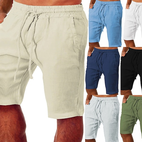 

Men's Linen Shorts Summer Shorts Pocket Drawstring Elastic Waist Plain Comfort Outdoor Daily Going out Linen / Cotton Blend Fashion Streetwear Black White