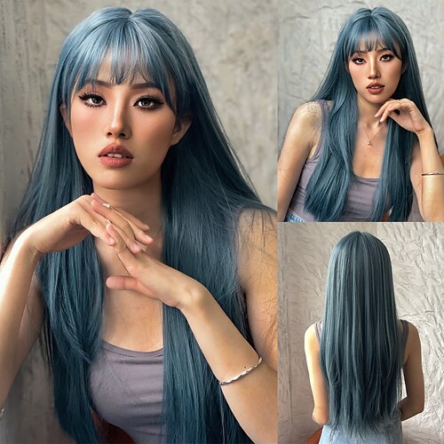 

Perruque de cosplay Perruque Synthétique Droit Coupe Droite Fabriqué à la machine Perruque 24 pouces Bleu lagune Cheveux Synthétiques Femme Bleu