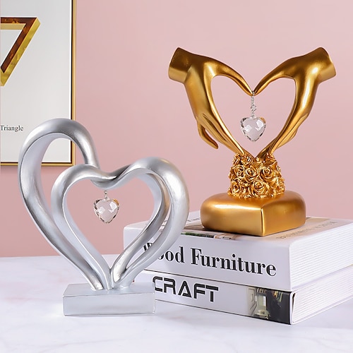 

Double Heart Table Ornaments, Exquisite Resin Gold Heart Silver Hearts Decor With Shiny Crystal, Lovely Wedding for Couples Husband Wife Valentine's Day Gift