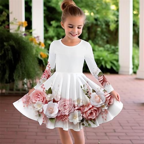 

Girls' 3D Floral Rose Dress Long Sleeve 3D Print Spring Fall Sports & Outdoor Daily Holiday Cute Casual Beautiful Kids 3-12 Years Casual Dress A Line Dress Above Knee Polyester Regular Fit