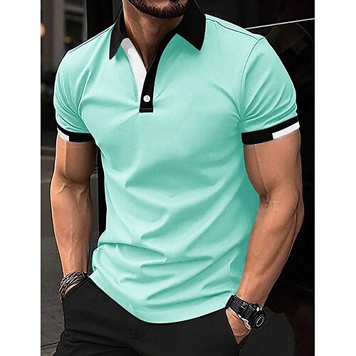 

Men's Button Up Polos Golf Shirt Casual Holiday Ribbed Polo Collar Short Sleeve Fashion Basic Solid Color Patchwork Summer Regular Fit Black White Red Blue Brown Green Button Up Polos