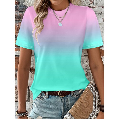 

Women's T shirt Tee Ombre Color Gradient Daily Vacation Going out Print Yellow Short Sleeve Fashion Round Neck Summer