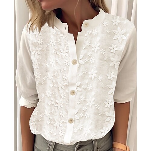 

Women's Cotton Linen Shirt Blouse Embroidered White 3/4 Length Sleeve Button-Down Elegant Casual Elegant Top Summer Spring